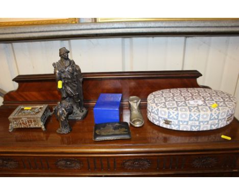 A Japanese cigarette case; two bronzed figures; a small metal trinket box; a manicure set etc.