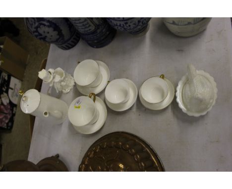 A small milk glass egg tureen; two Royal Worcester teacups and saucers etc.