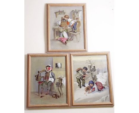 Three small vintage oil on board scenes of children, 21 x 15 cm