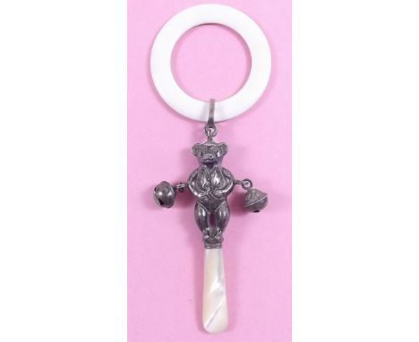 A Victorian silver and mother of pearl baby's rattle and teething ring