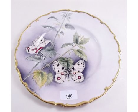 A porcelain plate painted butterflies by David R Bowkett (ex Royal Worcester artist)