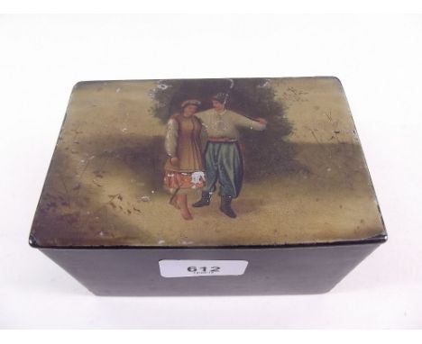 A Russian lacquer topped tea caddy decorated peasant woman and man  with scythe