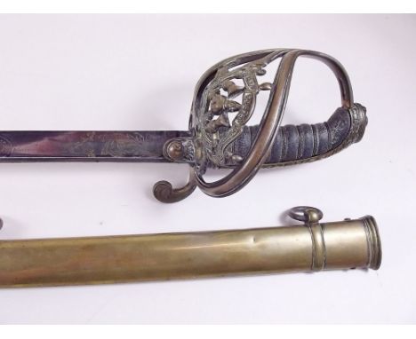 A Victorian Royal Scots officer's sword with pierced brass hand guard and scabbard