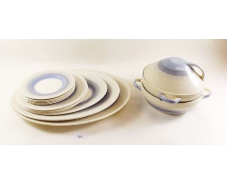 A Susie Cooper blue banded part dinner service, comprising three meat plates, three breakfast plates, tureen with lid, gravy 