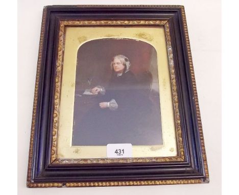 An oil portrait of an old lady (probably painted over a photograph) - Emma Johnson - inscribed to the reverse sister of James