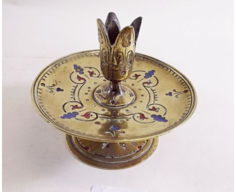 An early 20th century brass and enamel candlestick, 9cm
