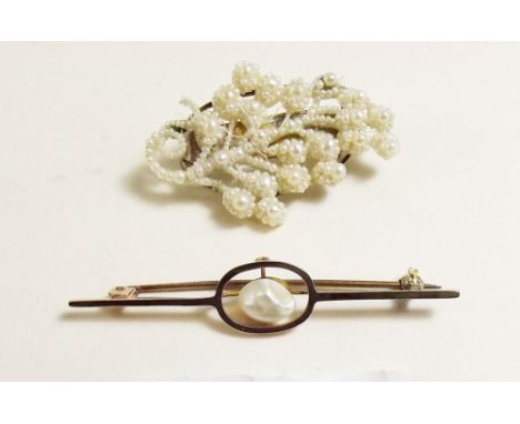 A 9 carat gold bar brooch set pearl and a seed pearl brooch 