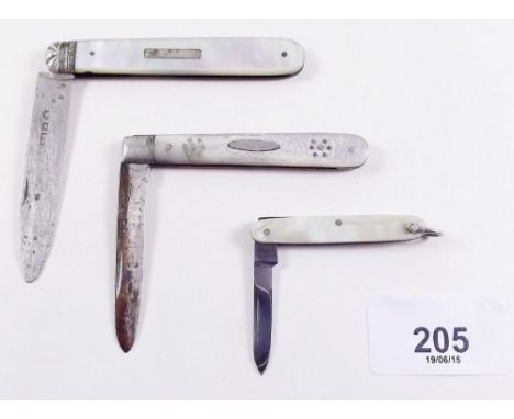 Two silver and mother of pearl penknives and another