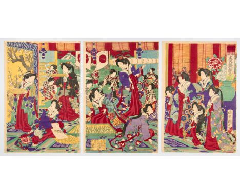 Artist: Kunitoshi Utagawa  (1847-1899)Title: Silk MakingPublisher: Yamamura SeisukeDate: 1877Size: (L) 36.6 x 24.7, 36.6 x 24