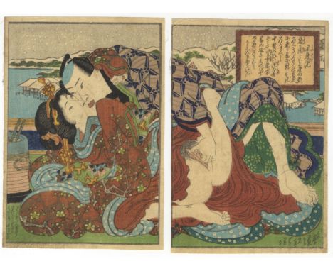 Artist: Tanekiyo Ryusuitei (1823-1907)Title: Shinobazu, Erotic Mirror of Famous Places of TokyoPublisher: No sealDate: c.1850