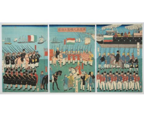 Artist: Yoshikazu Utagawa (Active in 1850s-1870s)Title: Western People Landing in YokohamaPublisher: Enshuya HikobeiDate: 186