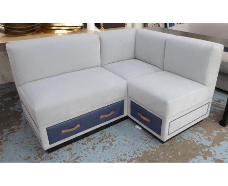 TAYLOR HOWES CHILD'S CORNER SOFA, light blue velvet with drawers, 117cm W x 147cm D x 82cm H. 