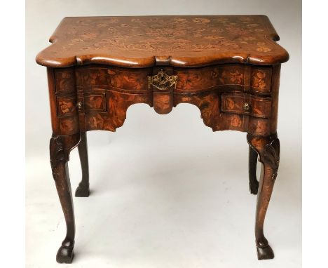 DUTCH SIDE TABLE, late 18th century mahogany and satinwood foliate inlay, serpentine with three drawers, 76cm x 50cm x 73cm H