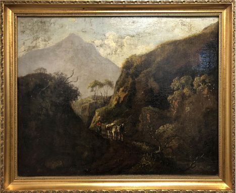 LATE 18th CENTURY FLEMISH SCHOOL 'Mountainous Landscape with Figures and Donkey', oil on canvas laid on panel, 41cm x 52cm, f