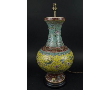 LAMP, Chinese famille jaune, polychrome enamel decorated with dragons and scrolling chrysanthemums, 50cm H. 