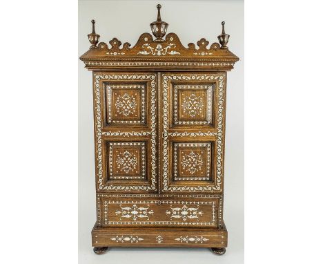 TABLE TOP CABINET, mid 19th century Anglo Indian Vizagapatam rosewood and ivory inlaid with two doors containing a removable 