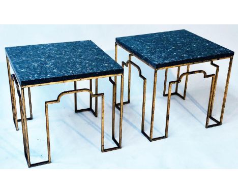 LAMP/OCCASIONAL TABLES, a pair, square granite lustre tops raised up Italian style distressed gilt metal supports, each 42cm 