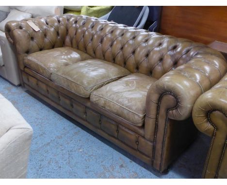 CHESTERFIELD STYLE SOFA, in worn brown buttoned leather, 200cm W x 85cm D x 76cm H. 