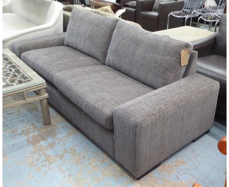 SOFA, contemporary design, grey fabric upholstered ebonised supports, 227cm x 90cm x 80cm. 