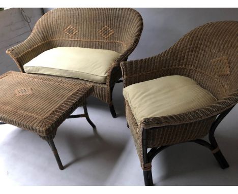 CONSERVATORY SUITE, two tone rattan and bound comprising a sofa 137cm W, armchair 76cm W and table 102cm W. (3) 