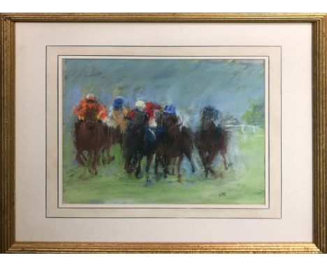 CONSTANCE HALFORD THOMPSON 'Horse Racing Study', pastel, Osbourne Studio Gallery label 70 verso, 31cm x 35cm, framed. 