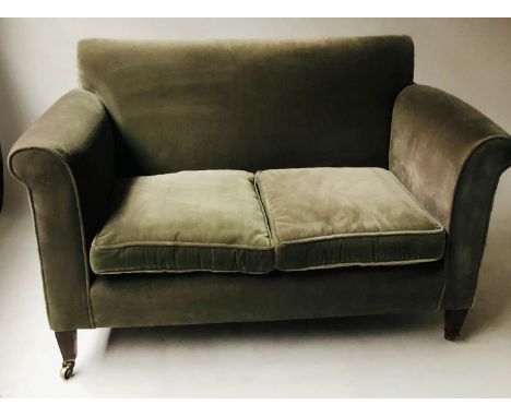 SOFA, Edwardian sage green velvet with scroll arms and square section supports, 142cm W. 