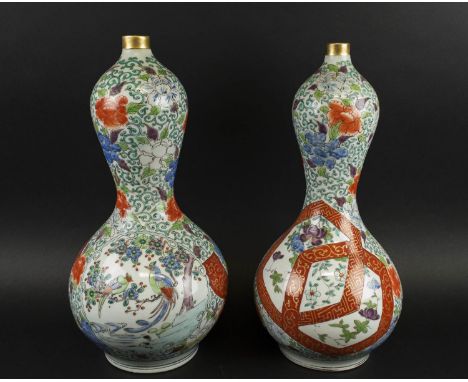 DOUBLE GOURD VASES, a pair, Chinese Doucai having Imari influence, red and gilt decoration with green, red and blue enamel sc