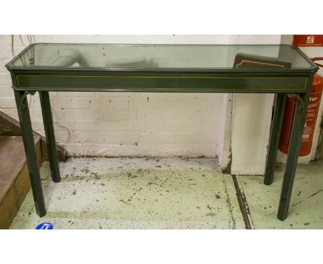 CONSOLE TABLE, George III design green painted and gilt lined with inset glass top, 140cm x 41cm x 84cm H. 