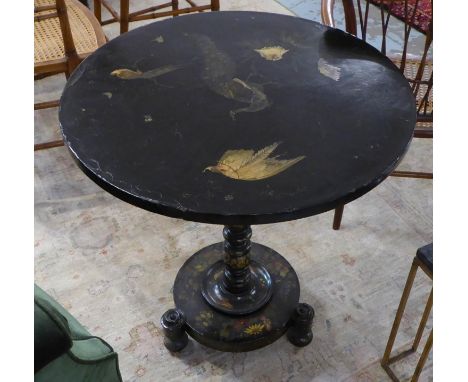 LAMP TABLE, 19th century black Japanned and painted, the circular top with bird detail on a turned column, 64cm x 70cm H. (wi