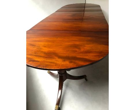 TRIPLE PILLAR DINING TABLE, Regency style mahogany with rounded ends raised upon triple pillar outswept supports with two add