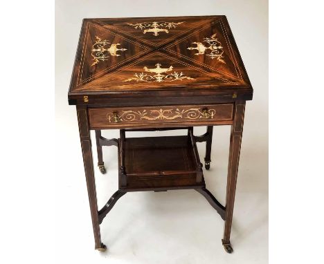 ENVELOPE CARD TABLE, Edwardian rosewood with urn and scroll marquetry detail, foldout playing surface with undertier, 55cm L 