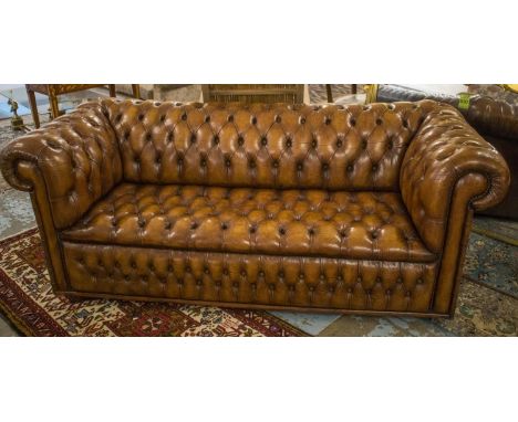 CHESTERFIELD SOFA, Victorian style hand dyed leaf brown leather with deep button upholstered back, seat and arms, 200cm W. 