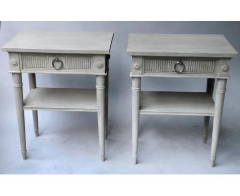 LAMP TABLES, a pair, Scandinavian style grey painted and silvered metal with frieze drawer and undertier, 50cm x 65cm H. (2) 