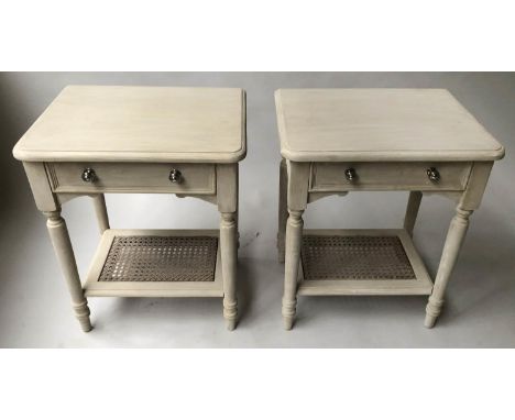 BEDSIDE/LAMP TABLES, a pair, French style grey painted each with drawer and cane undertier, 62cm H x 50cm x 38cm. (2) 