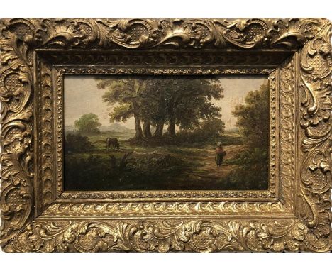 19TH CENTURY SCHOOL 'Landscape with Figures and Horses', oil on panel, 13cm x 24cm, framed. 