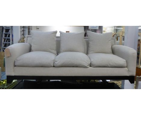 SOFA, three seater, with oatmeal upholstery and studded decoration, 220cm L x 82cm H. (a few marks to upholstery) 