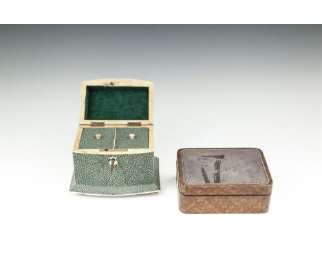 A SHAGREEN AND BONE MOUNTED TEA CADDY, of bombé form, with hinged top enclosing two lidded compartments on spherical feet. 15