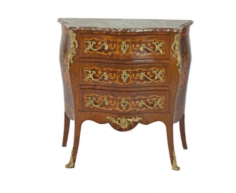 A FRENCH KINGWOOD MARQUETRY THREE DOOR COMMODE WITH MARBLE TOP, of bombé form, having applied brass handles and mounts, decor