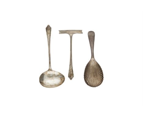 A SILVER CADDY SPOON, Sheffield 1862, mark of Walker and Hall, with shell bowl; together with a child's feeding set, Birmingh