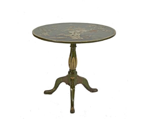 A JAPANNED CIRCULAR TILT TOP TEA TABLE, the green ground decorated with garden landscapes, raised on turned centre pillar and