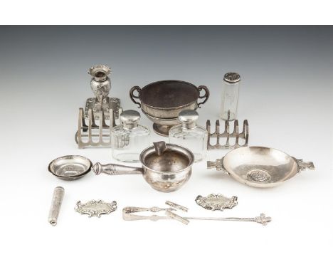 A SMALL CUNARD LINE TRAVELLING CASE, containing an assorted collection of silver ware, including a two handle presentation cu