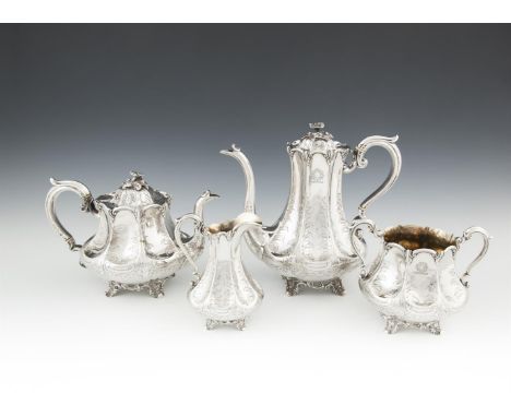 A FINE VICTORIAN FOUR PIECE TEA AND COFFEE SERVICE, Sheffield 1850, makers mark of Roberts & Slater (Samuel Roberts & Joseph 