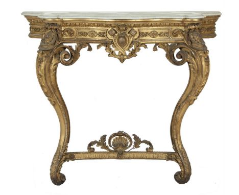 A VICTORIAN GILTWOOD PLASTER AND GESSO CONSOLE TABLE, the white veined marble top with moulded rim on a base decorated with c