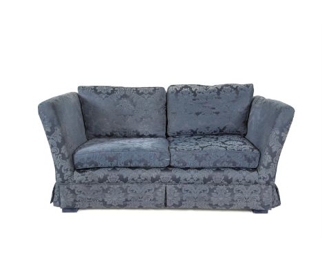 A PAIR OF MODERN UPHOLSTERED TWO SEATER SOFAS, with loose cushions covered in navy blue damask material. 150cm wide x 92cm de