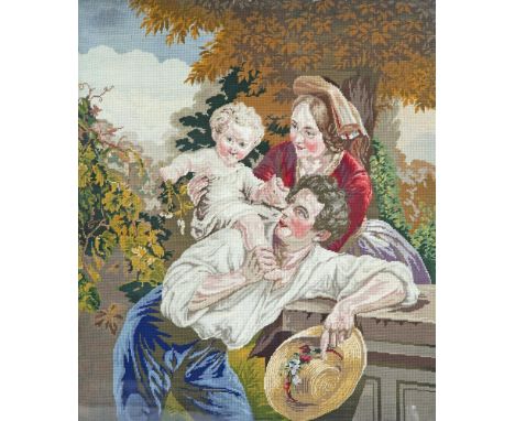 A PAIR OF VICTORIAN GILT FRAMED GROS-POINT TAPESTRY PANELS, each woven with depictions of figures in a woodland. 77 x 66cm