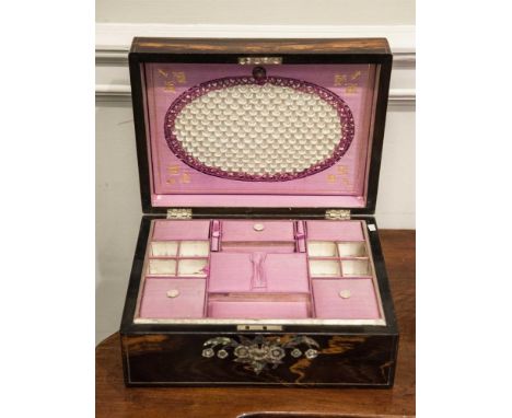 A VICTORIAN ROSEWOOD AND MOTHER OF PEARL INLAID WORKBOX, of rectangular form, with fitted compartment interior. 12cm high x 3