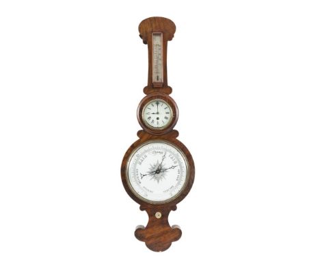 A ROSEWOOD CASED BANJO BAROMETER, incorporating a thermometer and clock dial