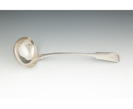 A GEORGE IV FIDDLE PATTERN SILVER LADLE, Dublin 1824, makers mark of Thomas Farnett, with rat-tail bowl and crested handle (c