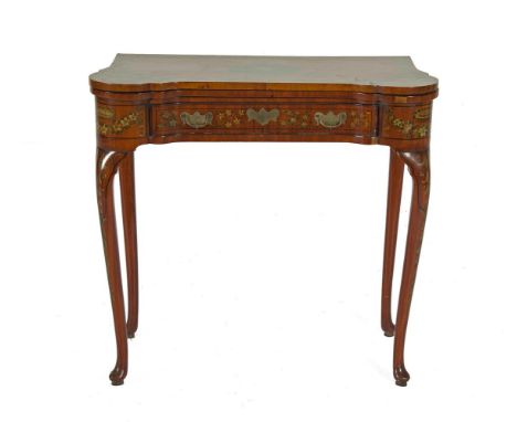 AN EDWARDIAN PAINTED SATINWOOD FOLDING TOP CARD TABLE, with painted oval portrait panel and spray of wild grasses within a ba