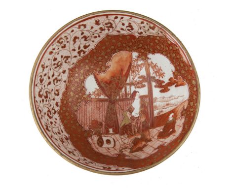 A JAPANESE KUTANI WARE CIRCULAR BOWL, 19th century, decorated in the traditional palette with figures in an interior, picked 
